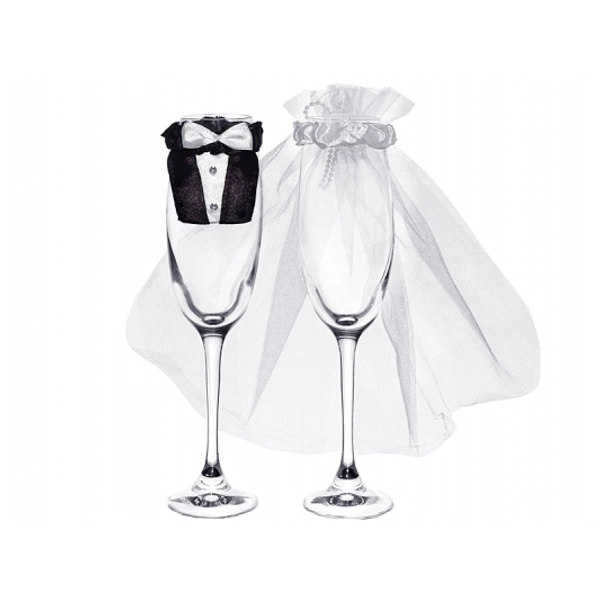 Esküvői pezsgőspohárra menyasszony és vőlegény dísz