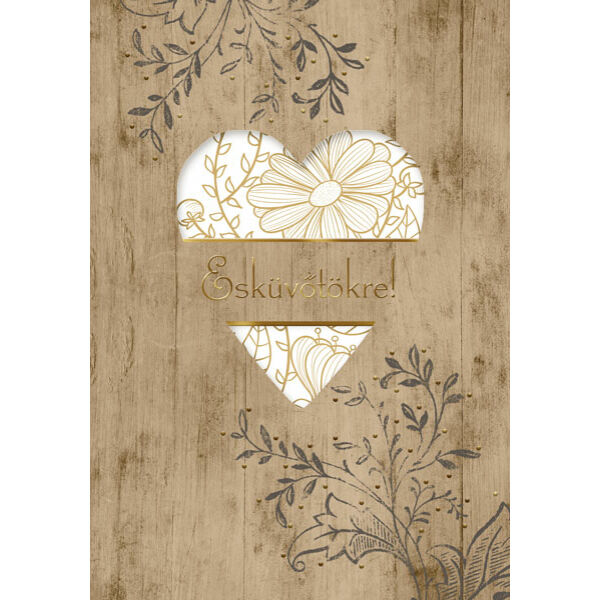 Barna-arany szivecskés esküvői képeslap