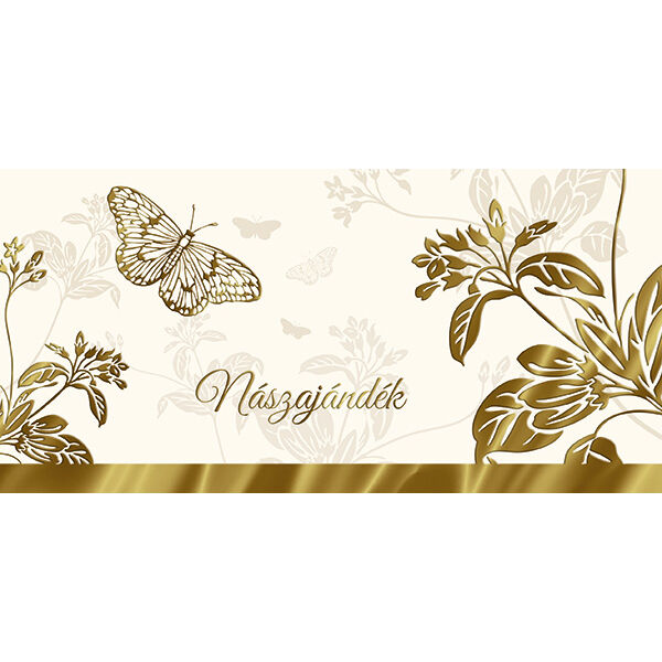 Ekrü-arany virágos pillangós esküvői nászajándék képeslap