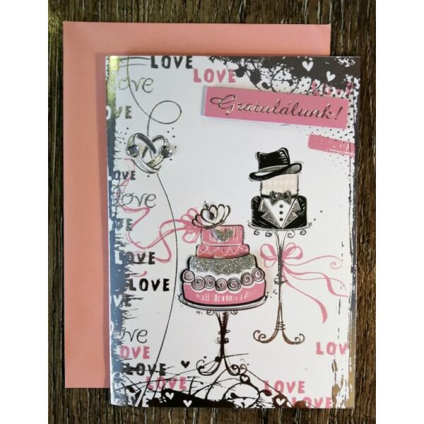 Rózsaszín-ezüst esküvői gratulációs képeslap
