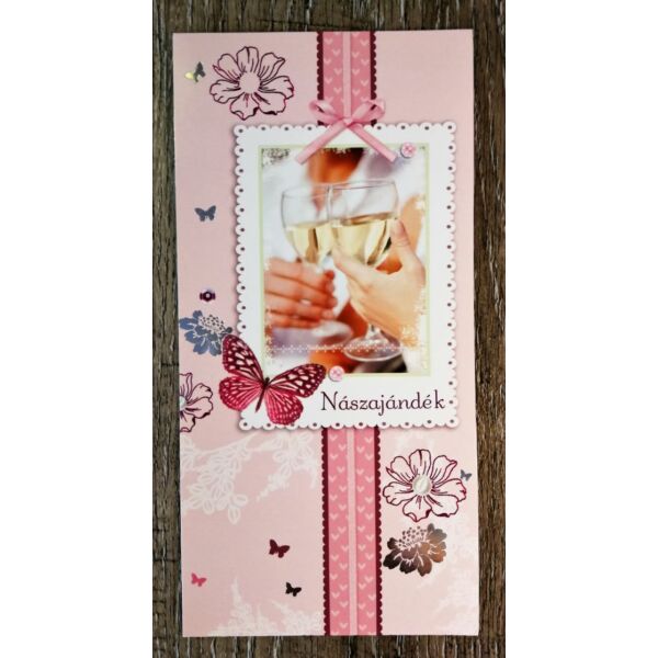 Rózsaszín virágos-pillangós nászajándék képeslap