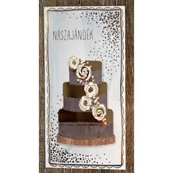 Elegáns arany-szürke esküvői tortás nászajándék képeslap